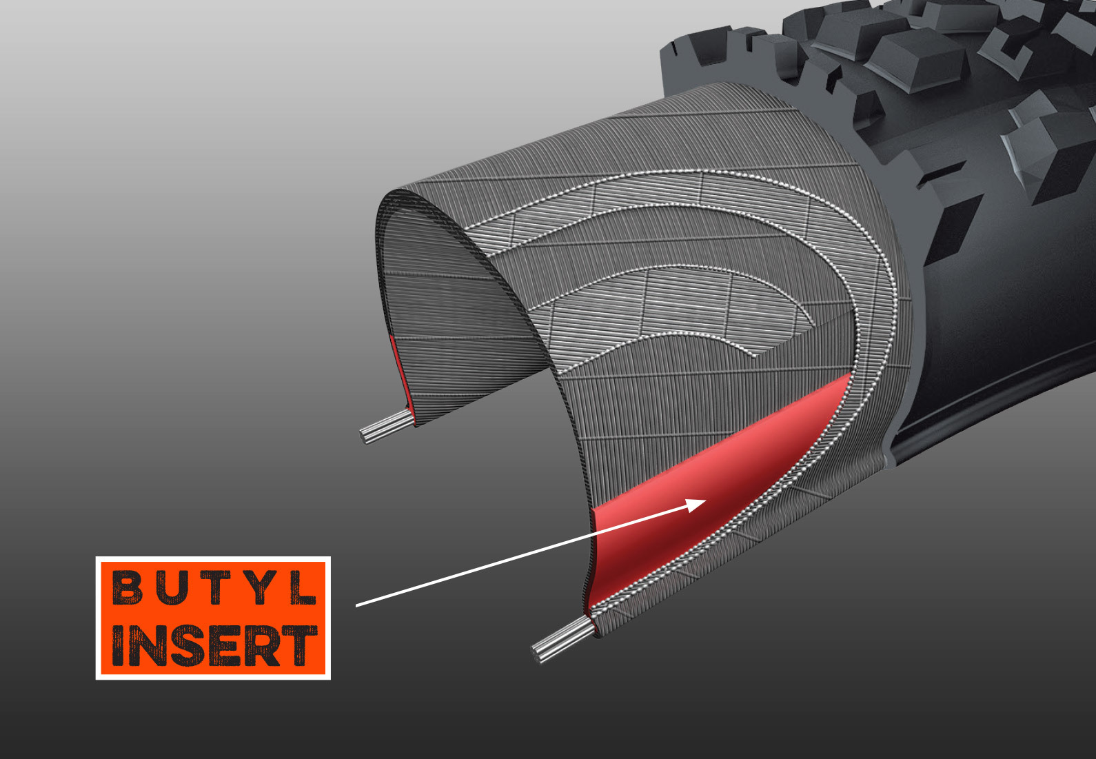 BUTYL INSERT - Extra kus butylkaučuku, který se táhne od patky sjezdové pneumatiky až po boční stěnu.&nbsp;Butylová vložka pomáhá předcházet vzniku špetek, chrání ráfek před nárazem a zvyšuje stabilitu boční stěny.
