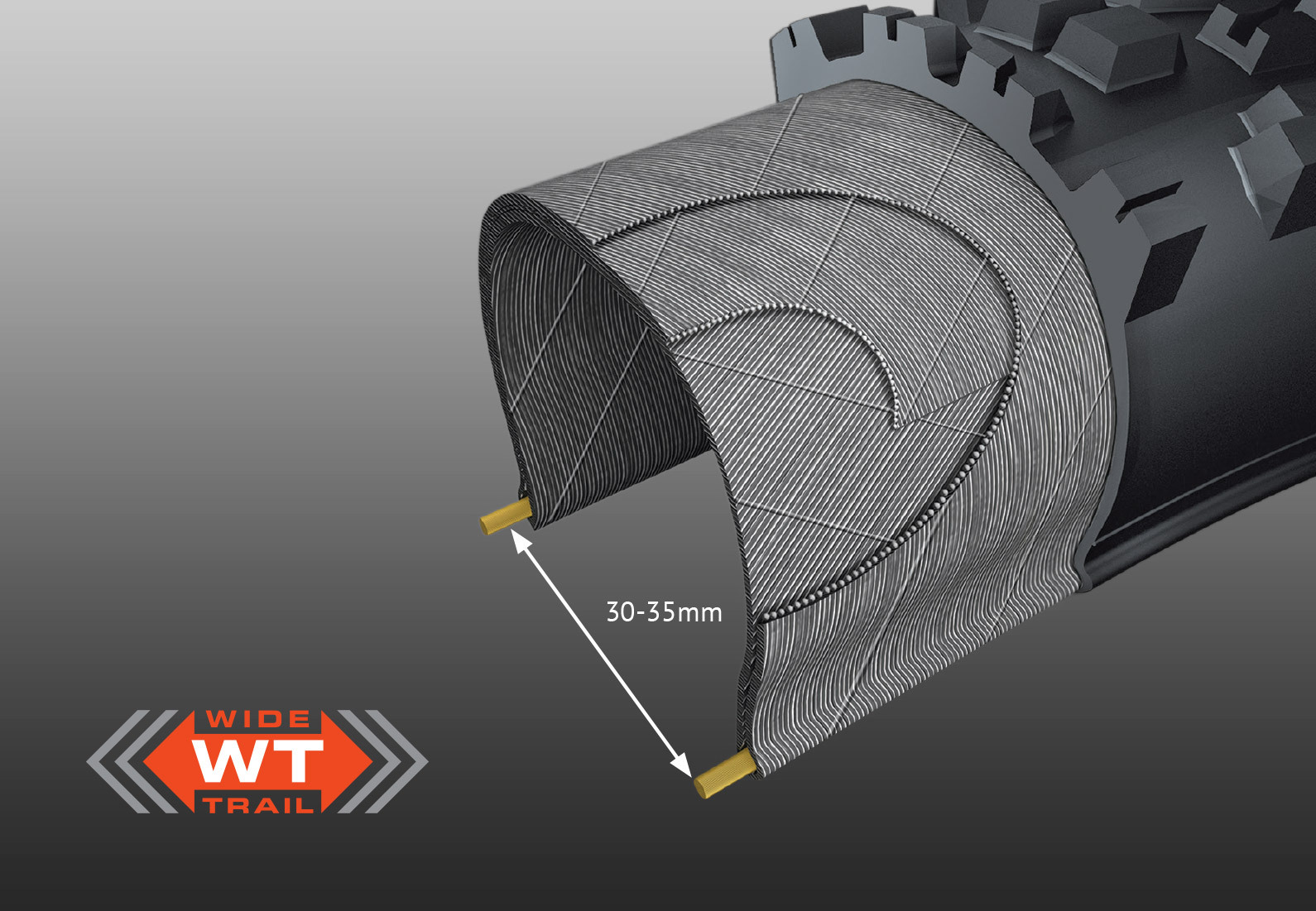 WIDE TRAIL (WT) CONSTRUCTION -&nbsp;optimalizuje rozložení a profil běhounu pneumatiky na moderních, širších ráfcích.&nbsp;Tradiční pneumatiky jsou navrženy kolem starších, užších ráfků a mohou vytvořit příliš čtvercový profil pneumatiky, což vede k méně než optimálnímu výkonu.&nbsp;Pneumatiky WT jsou optimalizovány pro vnitřní šířku ráfku 30-35mm.
